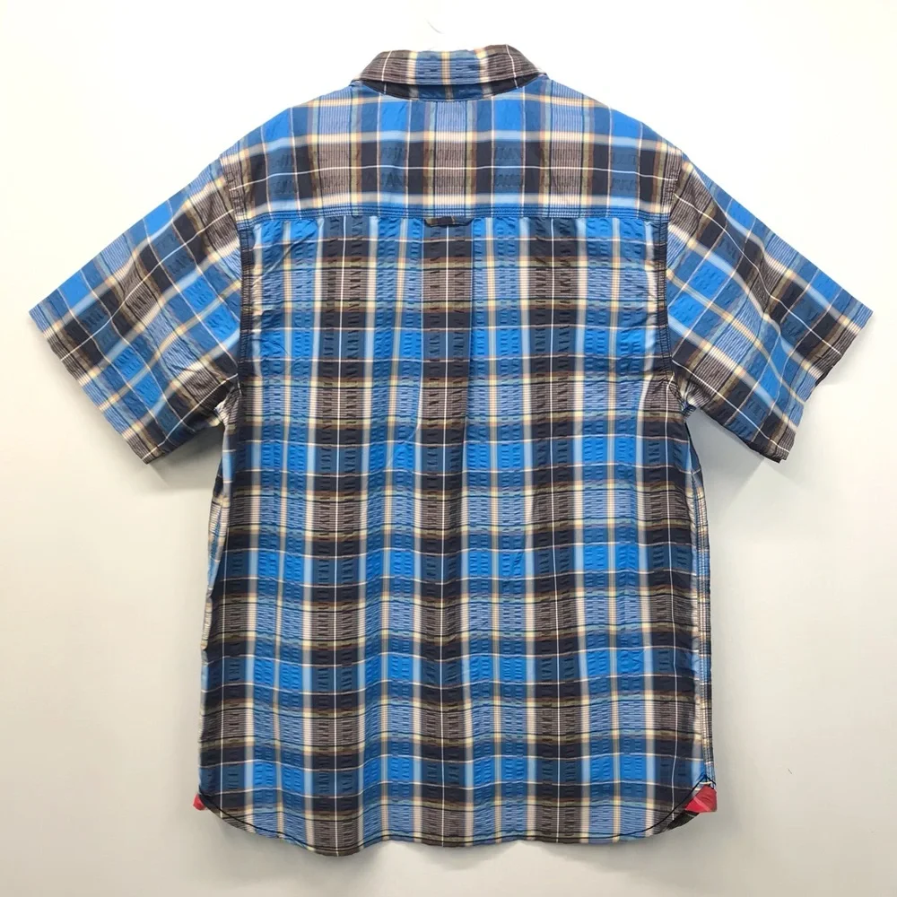 The North Face Shirt Mens‎ L Blue Plaid Short Sleeve Button Up Embroidered Logo.